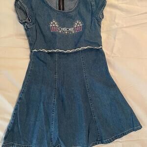Super Cute 90s Girls Denim Jean Dress CHEROKEE Flared M 7 8 Embroidered Flowers